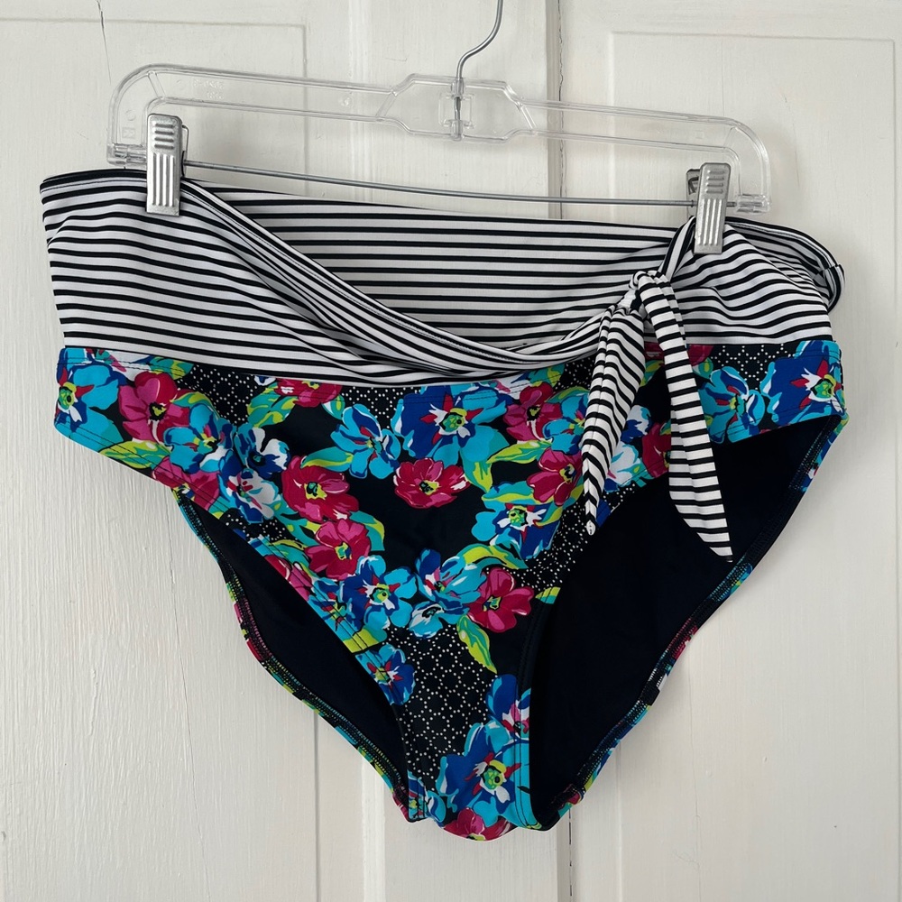 Floral and Striped High-Waisted Bikini Bottoms
